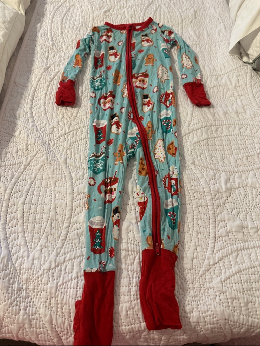 Little Sleepies Mocha Snowman Print One-Piece Pajamas - Red & Aqua